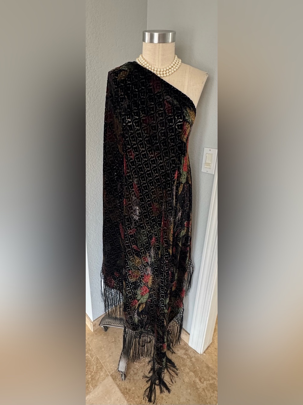 Vintage Velvet Burnout Silk Rayon Fringe Scarf